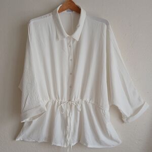 Elegant White Women's Top Button Down 3/4 Sleeves Tie Front Size 2X NWOT
